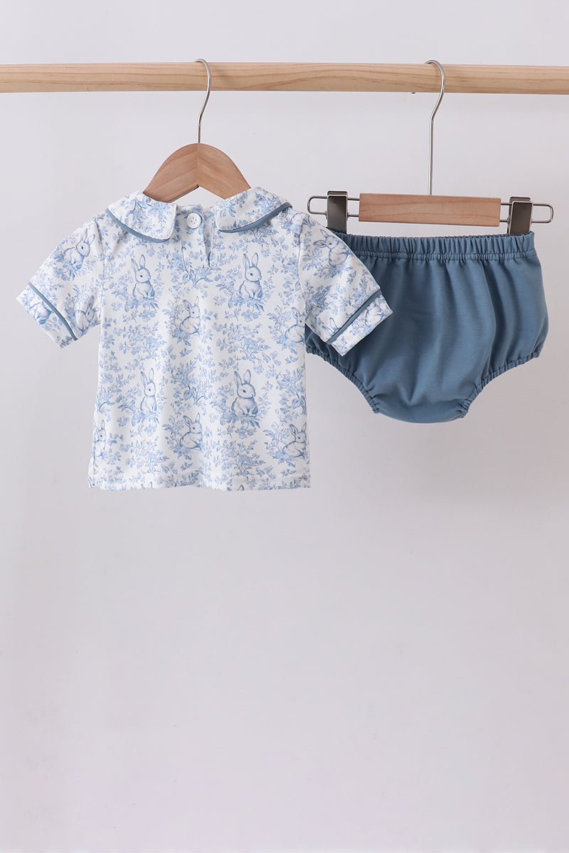 Navy bunny embroidery peter pan collar bloomer set - Cloudling Kids Clothing