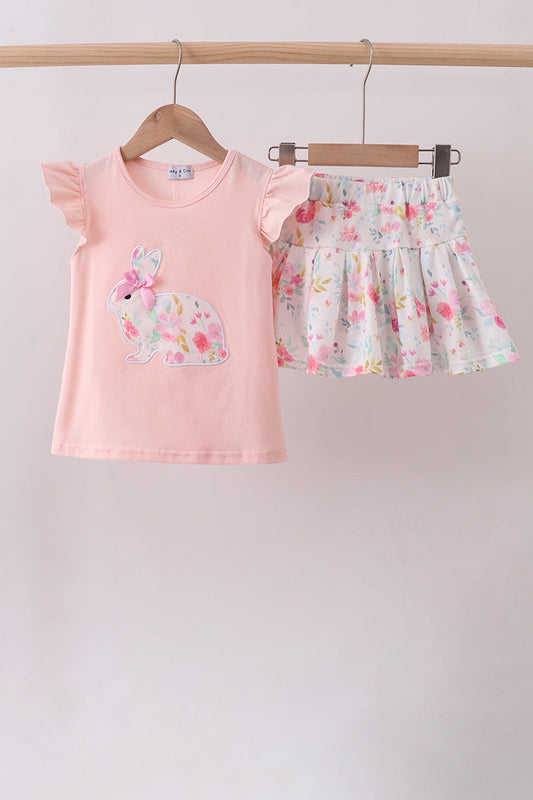 Pink floral bunny applique skorts set - Cloudling Kids Clothing