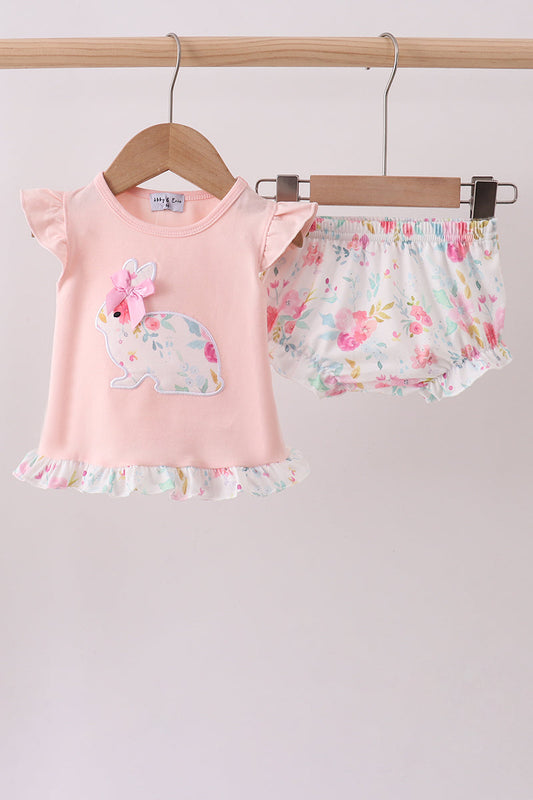 Pink floral bunny applique romper - Cloudling Kids Clothing