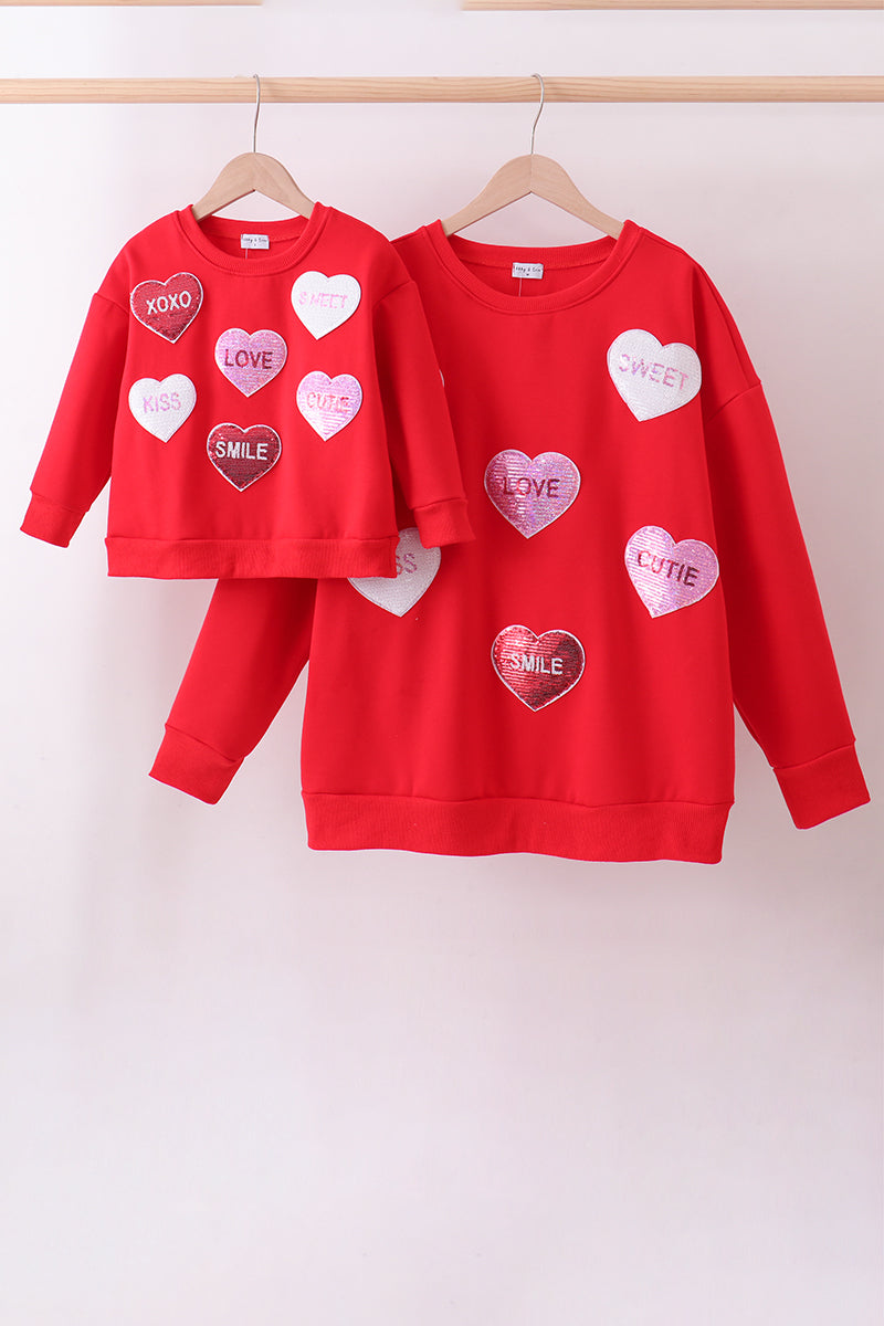 Red heart love smile sequin fleece mom&me sweatshrit - Cloudling Kids Clothing