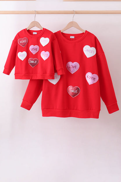 Red heart love smile sequin fleece mom&me sweatshrit - Cloudling Kids Clothing