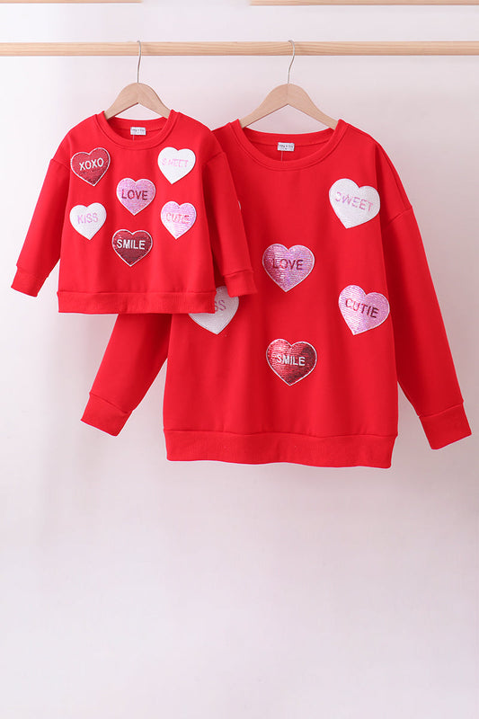Red heart love smile sequin fleece mom&me sweatshrit - Cloudling Kids Clothing