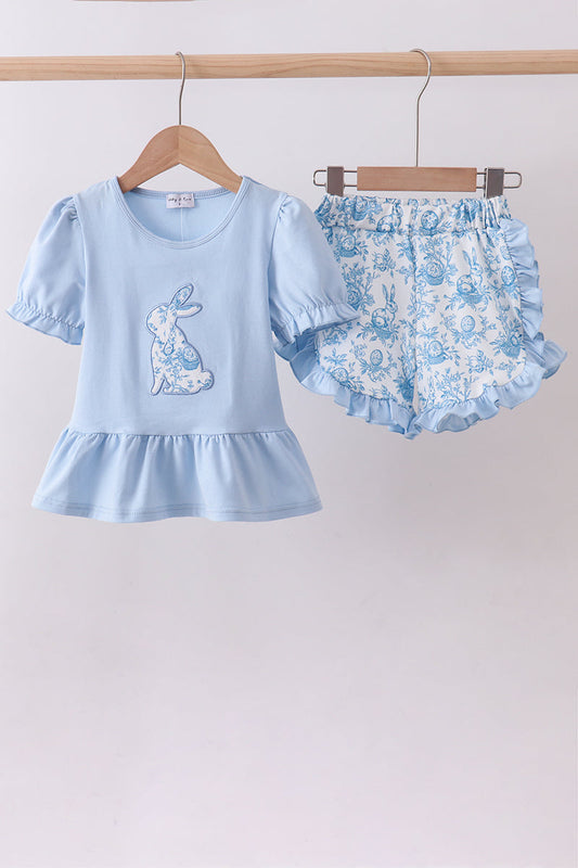 Blue bunny applique ruffle shorts set - Cloudling Kids Clothing