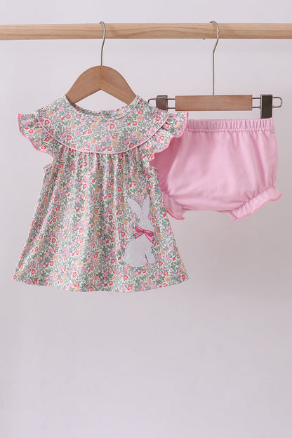 Floral bunny applique ruffle bloomer set - Cloudling Kids Clothing
