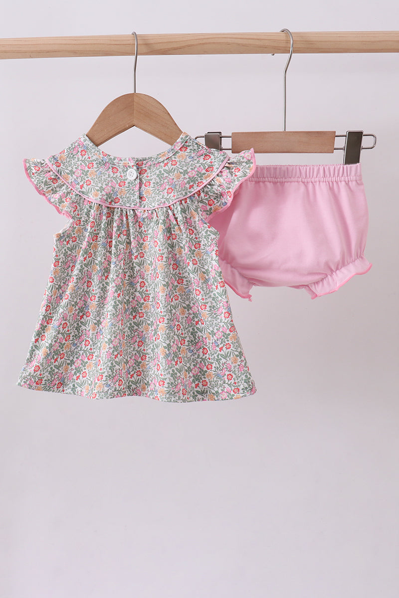 Floral bunny applique ruffle bloomer set - Cloudling Kids Clothing