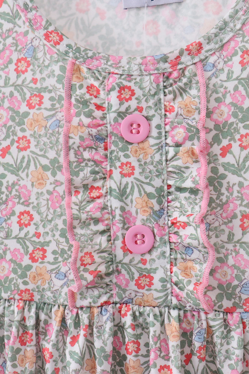 Floral bunny applique ruffle dress - Cloudling Kids Clothing