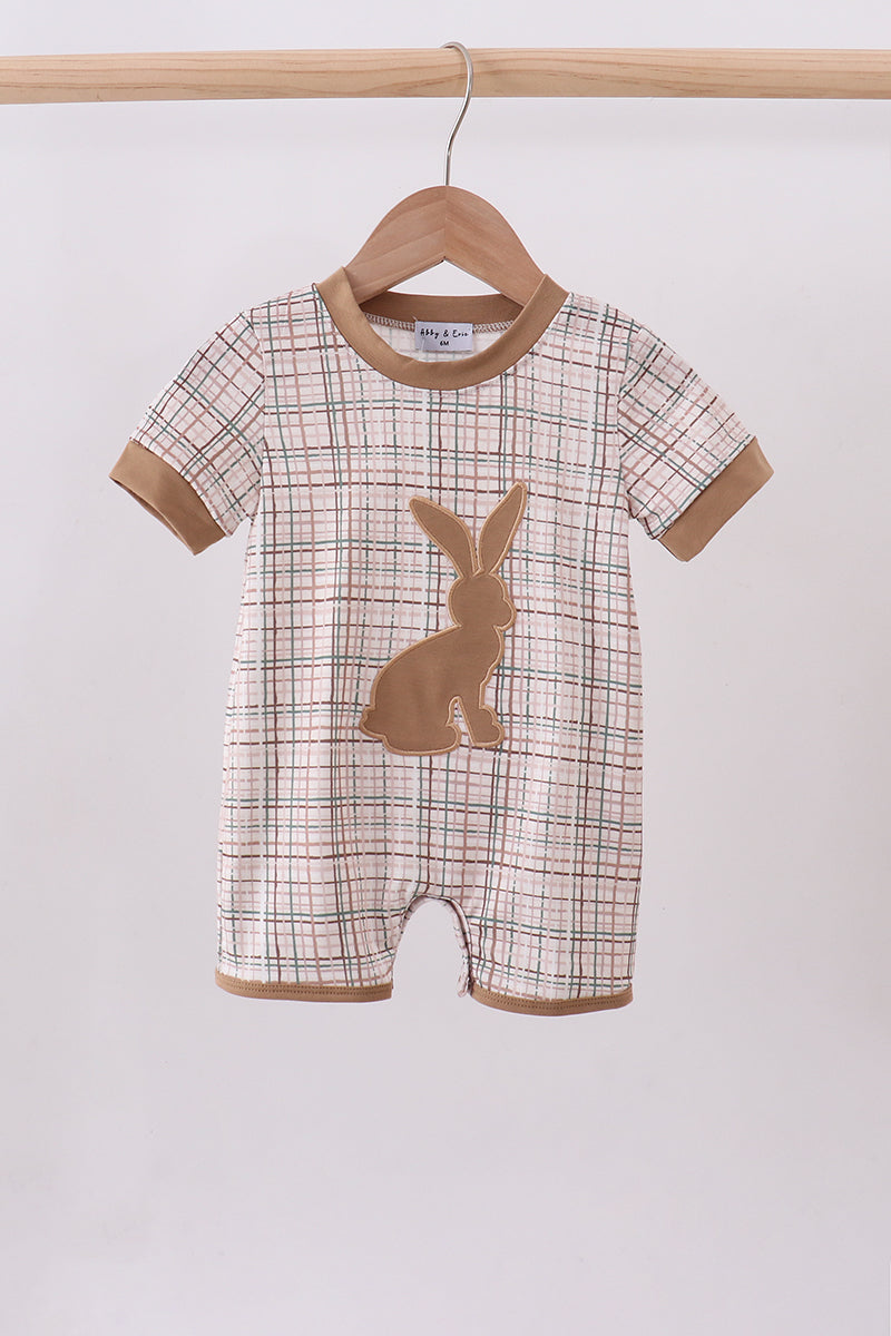 Brown bunny applique plaid romper - Cloudling Kids Clothing