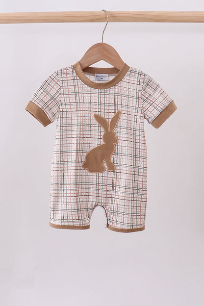 Brown bunny applique plaid romper - Cloudling Kids Clothing
