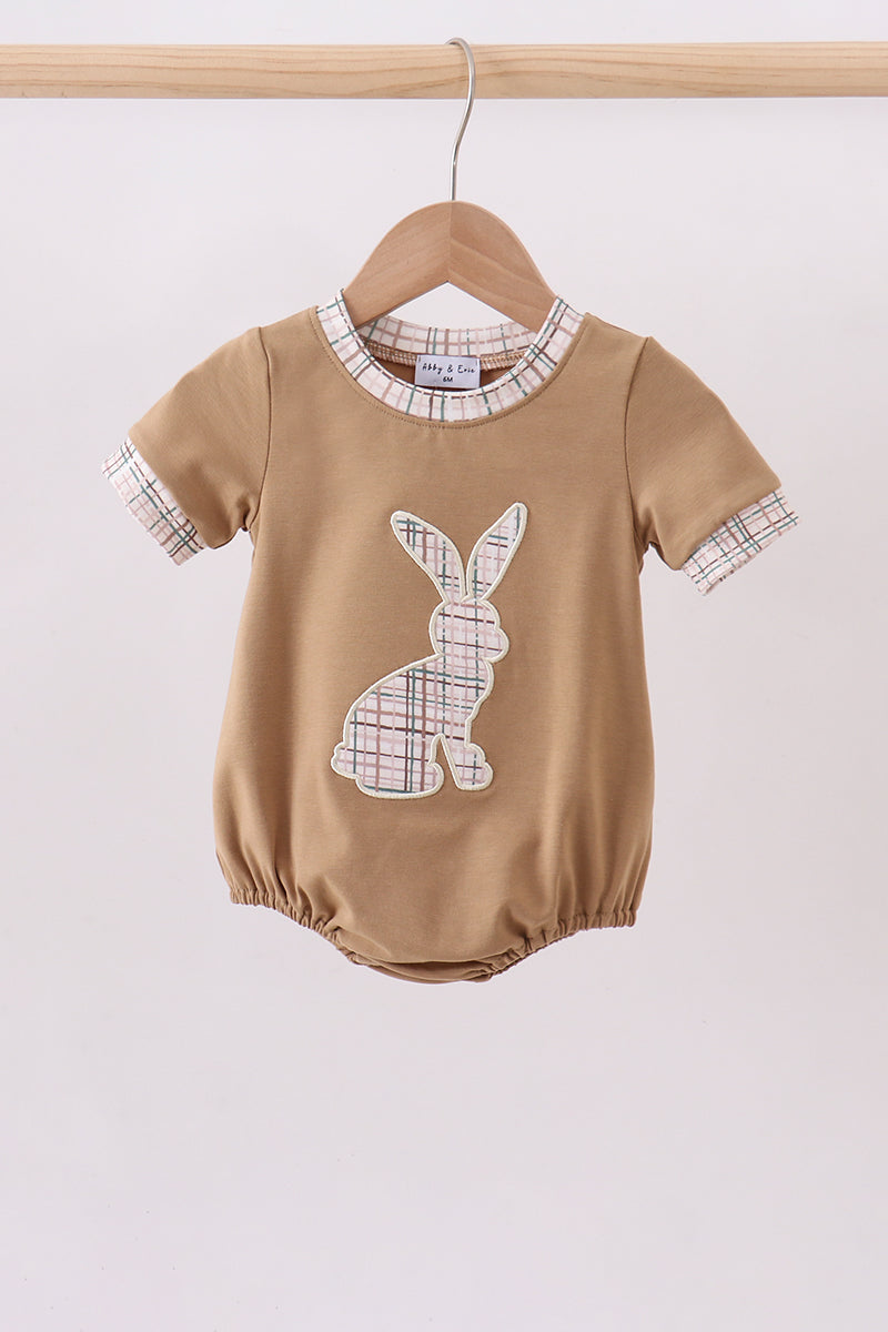 Brown plaid bunny applique bubble - Cloudling Kids Clothing