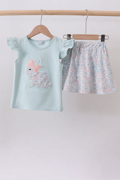 Blue floral bunny applique ruffle skorts set