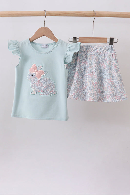 Blue floral bunny applique ruffle skorts set