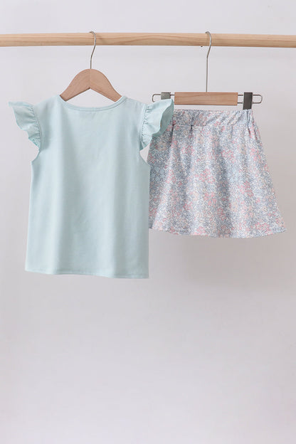 Blue floral bunny applique ruffle skorts set
