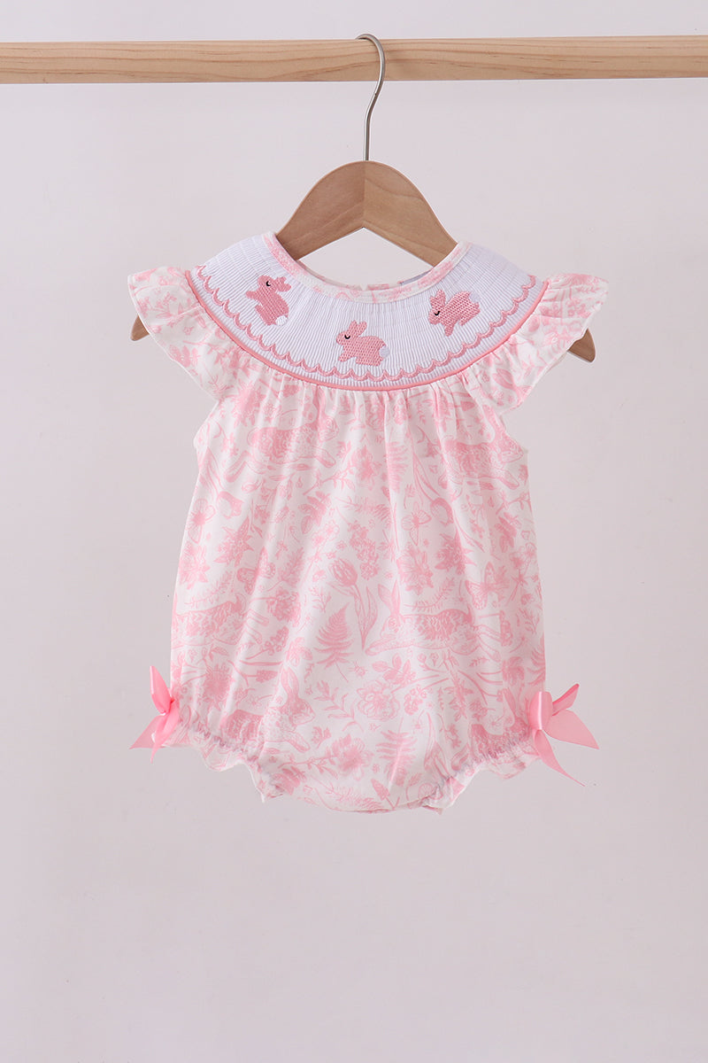 Pink bunny smocked ruffle bow bubble - Cloudling Kids Clothing