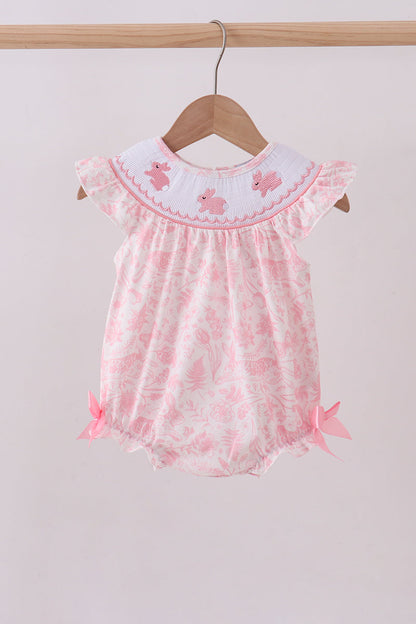 Pink bunny smocked ruffle bow bubble - Cloudling Kids Clothing