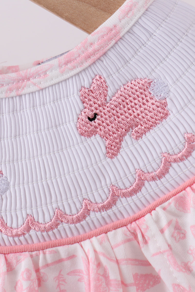 Pink bunny smocked ruffle bow bubble - Cloudling Kids Clothing