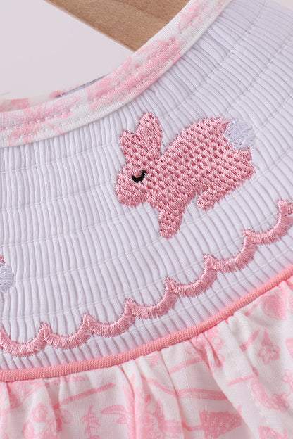 Pink bunny smocked ruffle bow bubble - Cloudling Kids Clothing