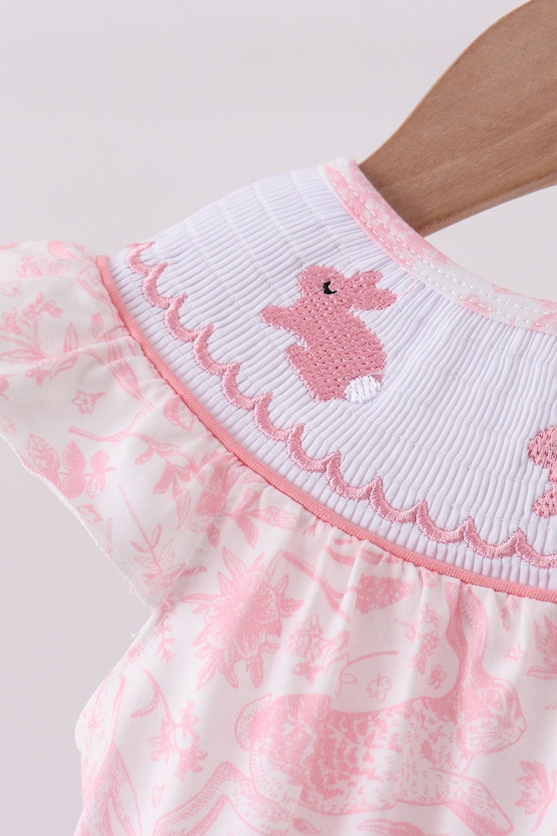 Pink bunny smocked ruffle bow bubble - Cloudling Kids Clothing