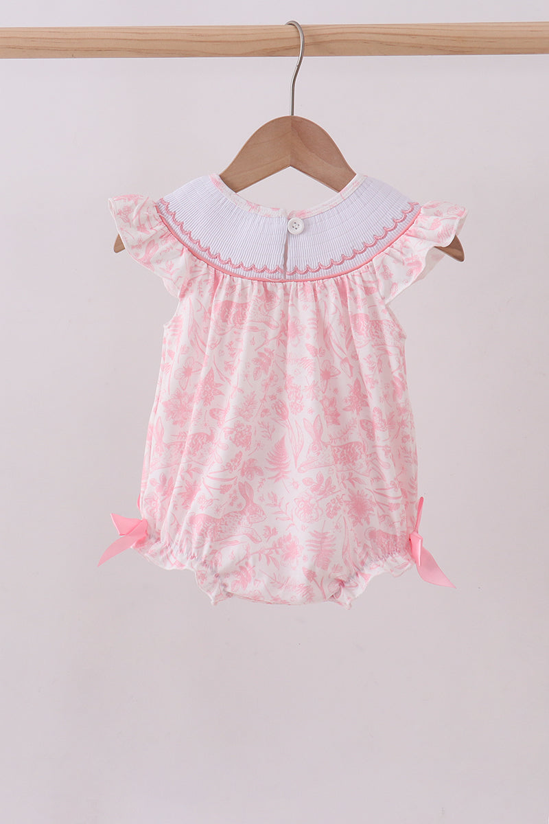 Pink bunny smocked ruffle bow bubble - Cloudling Kids Clothing