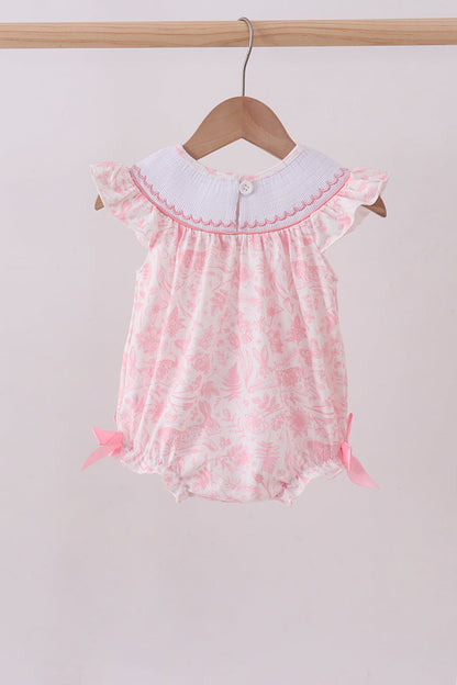 Pink bunny smocked ruffle bow bubble - Cloudling Kids Clothing