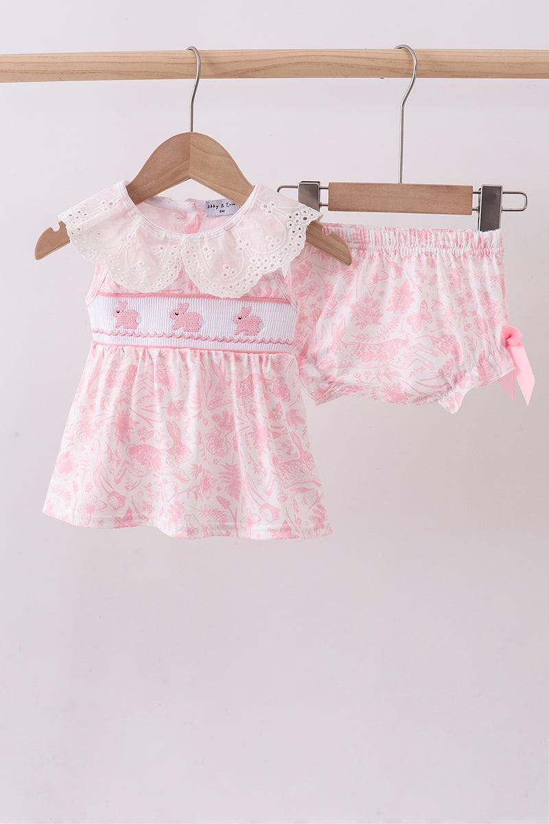 Pink bunny smocked lace collar bow bloomer set - Cloudling Kids Clothing