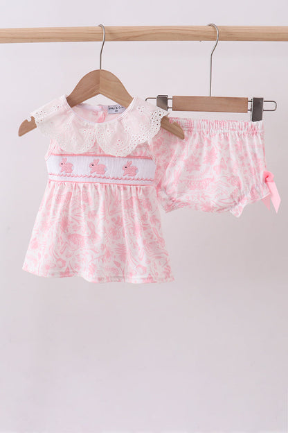 Pink bunny smocked lace collar bow bloomer set - Cloudling Kids Clothing