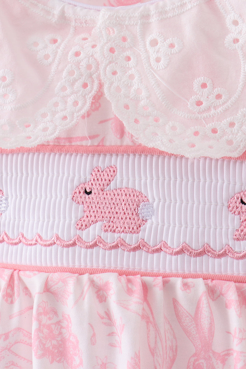 Pink bunny smocked lace collar bow bloomer set - Cloudling Kids Clothing