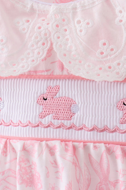 Pink bunny smocked lace collar bow bloomer set - Cloudling Kids Clothing
