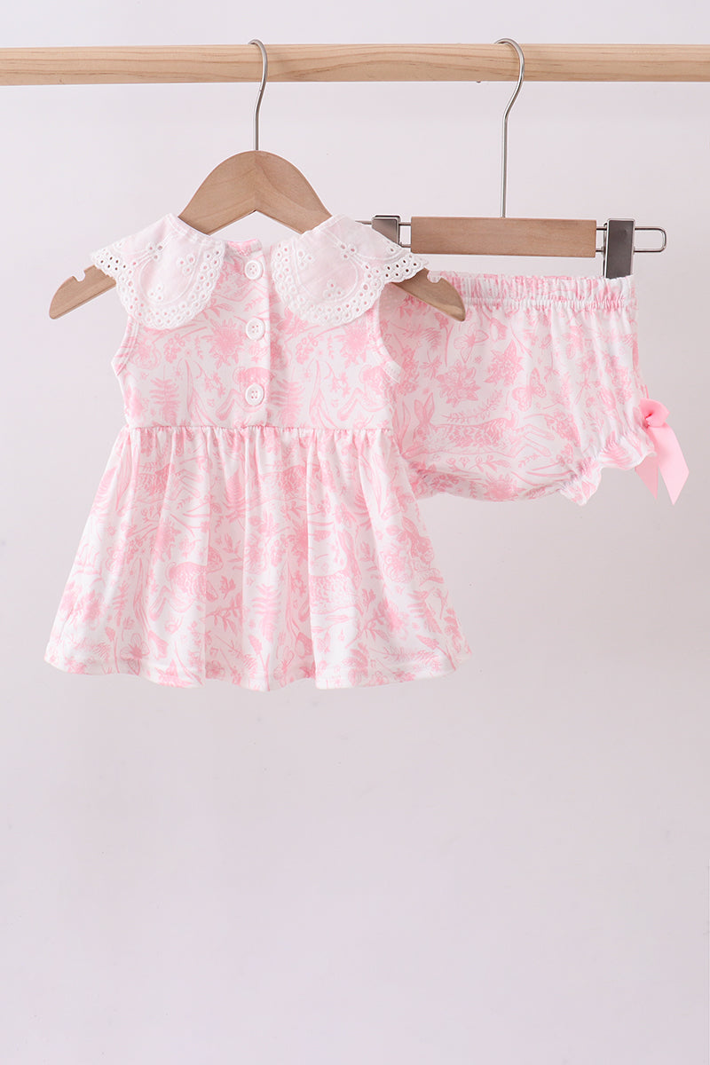 Pink bunny smocked lace collar bow bloomer set - Cloudling Kids Clothing
