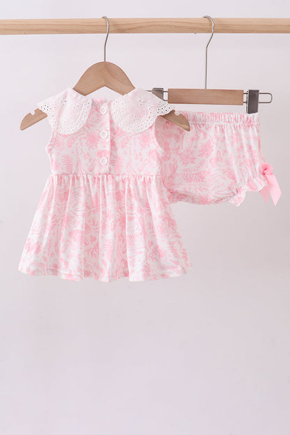Pink bunny smocked lace collar bow bloomer set - Cloudling Kids Clothing