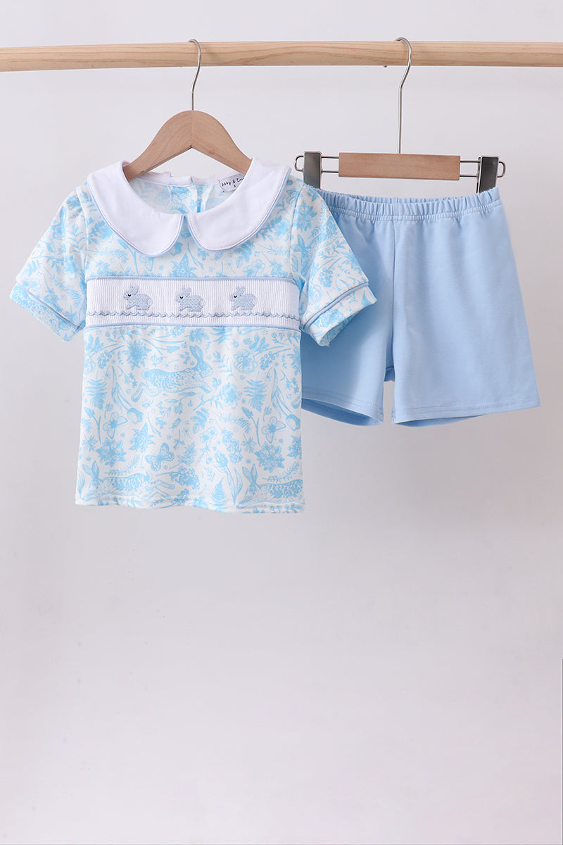 Blue bunny smocked peter pan collar shorts set - Cloudling Kids Clothing