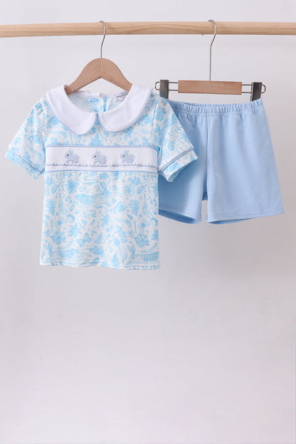 Blue bunny smocked peter pan collar shorts set - Cloudling Kids Clothing