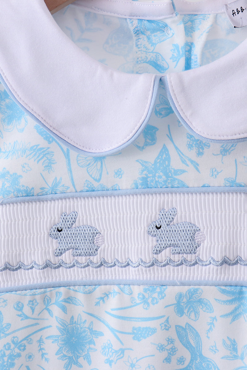 Blue bunny smocked peter pan collar shorts set - Cloudling Kids Clothing