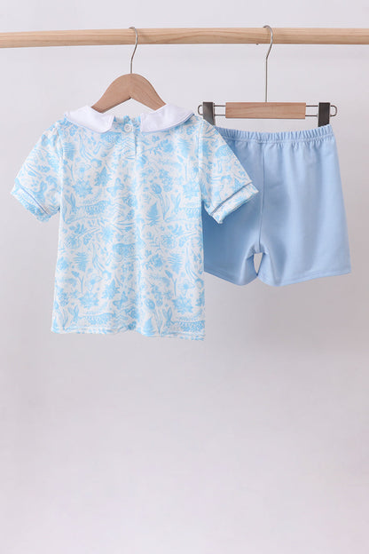 Blue bunny smocked peter pan collar shorts set - Cloudling Kids Clothing