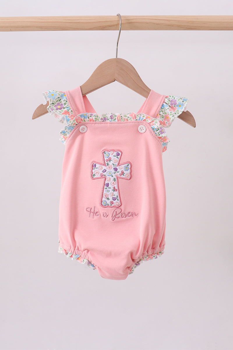 Pink floral cross embroidery ruffle bubble - Cloudling Kids Clothing