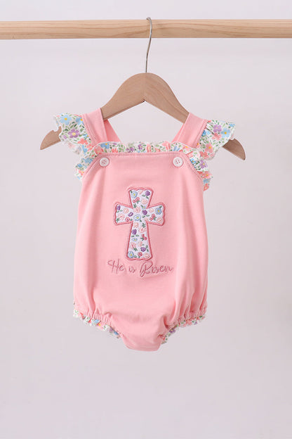 Pink floral cross embroidery ruffle bubble - Cloudling Kids Clothing