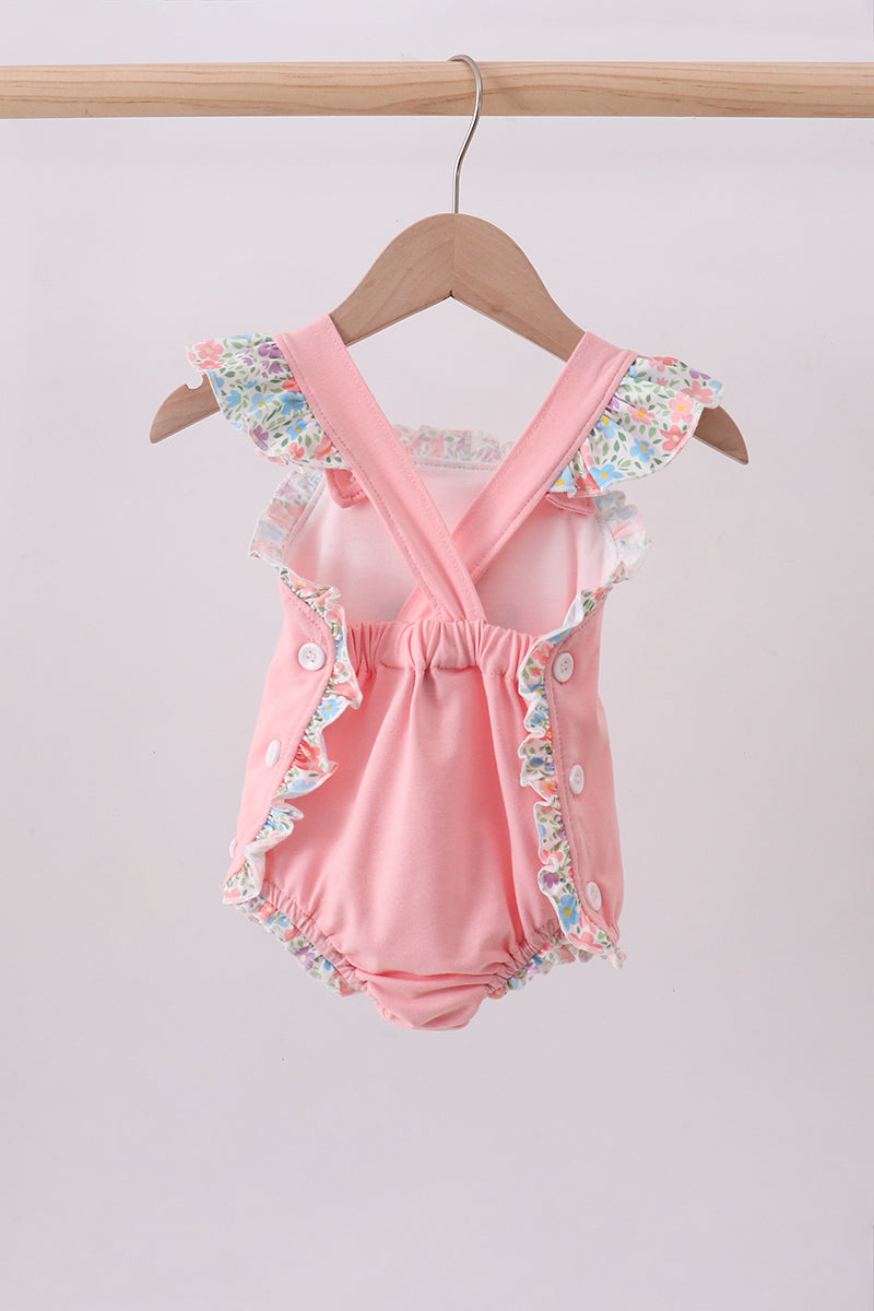 Pink floral cross embroidery ruffle bubble - Cloudling Kids Clothing