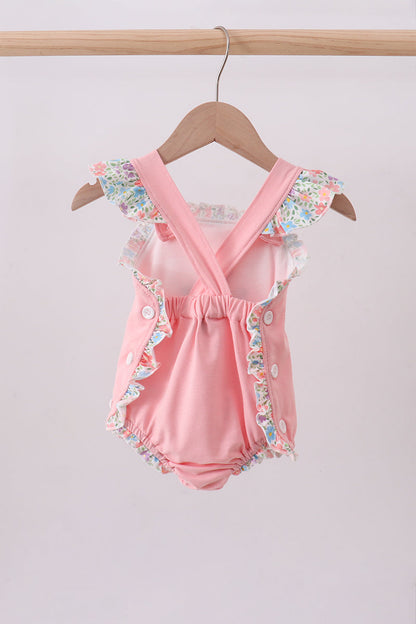 Pink floral cross embroidery ruffle bubble - Cloudling Kids Clothing