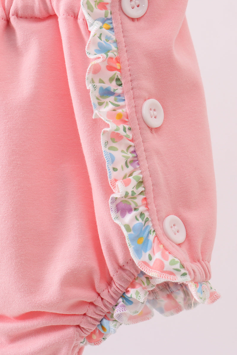 Pink floral cross embroidery ruffle bubble - Cloudling Kids Clothing