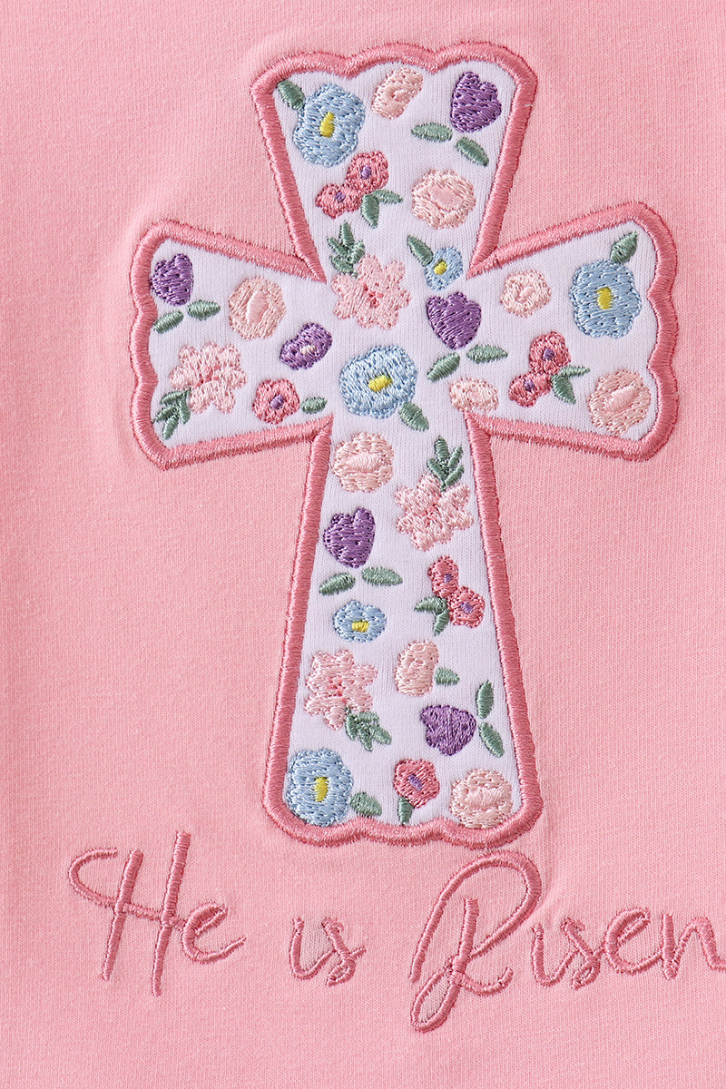 Pink floral cross embroidery ruffle bubble - Cloudling Kids Clothing