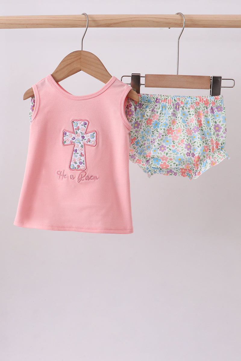Pink floral cross embroidery ruffle bloomer set - Cloudling Kids Clothing