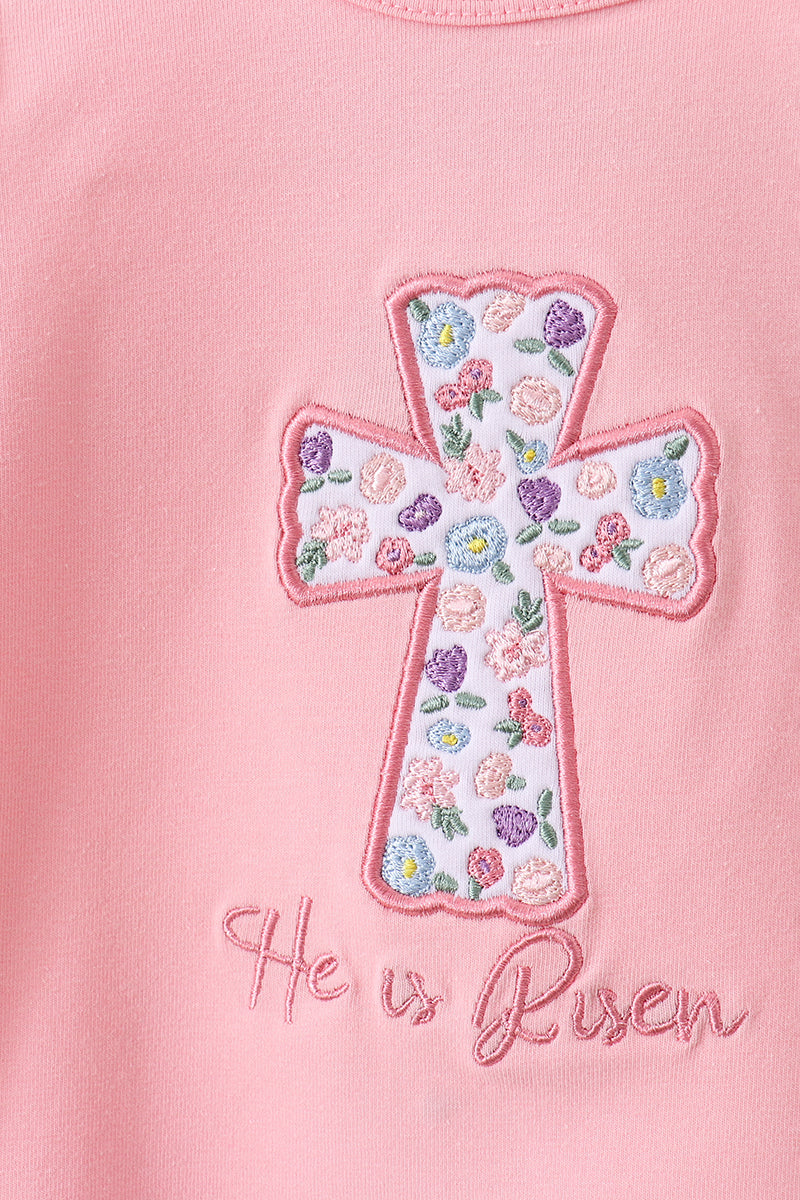 Pink floral cross embroidery ruffle bloomer set - Cloudling Kids Clothing