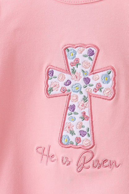 Pink floral cross embroidery ruffle bloomer set - Cloudling Kids Clothing