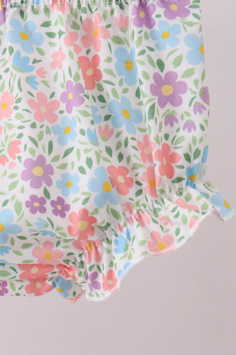 Pink floral cross embroidery ruffle bloomer set - Cloudling Kids Clothing
