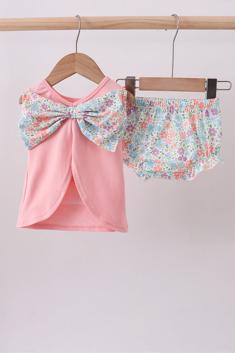 Pink floral cross embroidery ruffle bloomer set - Cloudling Kids Clothing