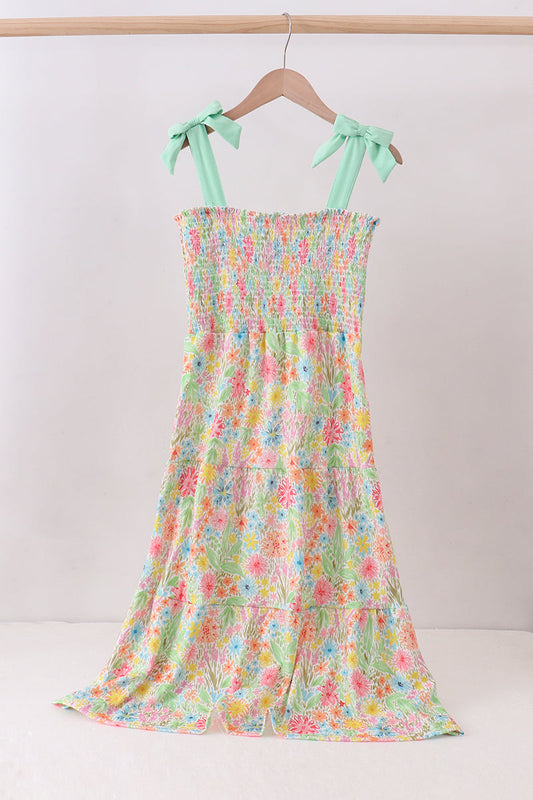 Pink floral smocked tiered dress