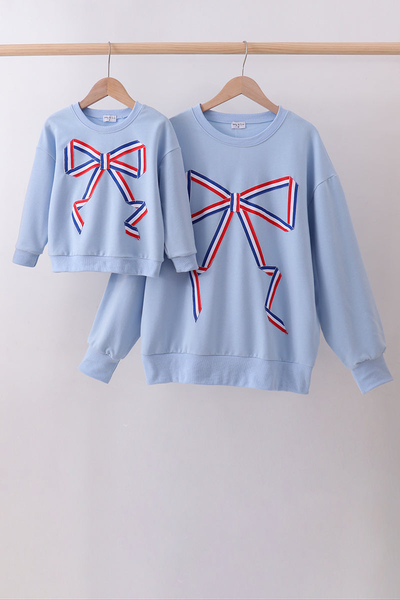 Blue Patriotic hand-sewn bow mom&me sweatshirt - Cloudling Kids Clothing