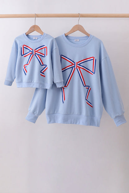 Blue Patriotic hand-sewn bow mom&me sweatshirt - Cloudling Kids Clothing