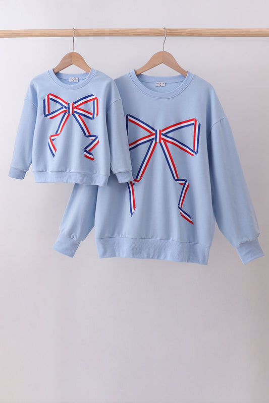 Blue Patriotic hand-sewn bow mom&me sweatshirt - Cloudling Kids Clothing