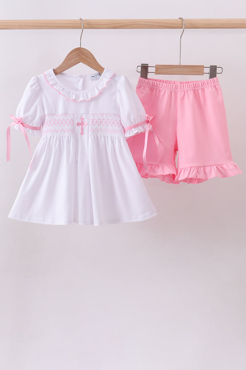 White cross smocked ruffle shorts set - Cloudling Kids Clothing