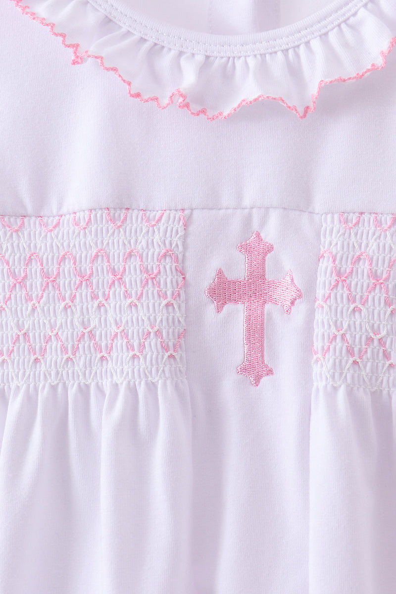 White cross smocked ruffle shorts set - Cloudling Kids Clothing
